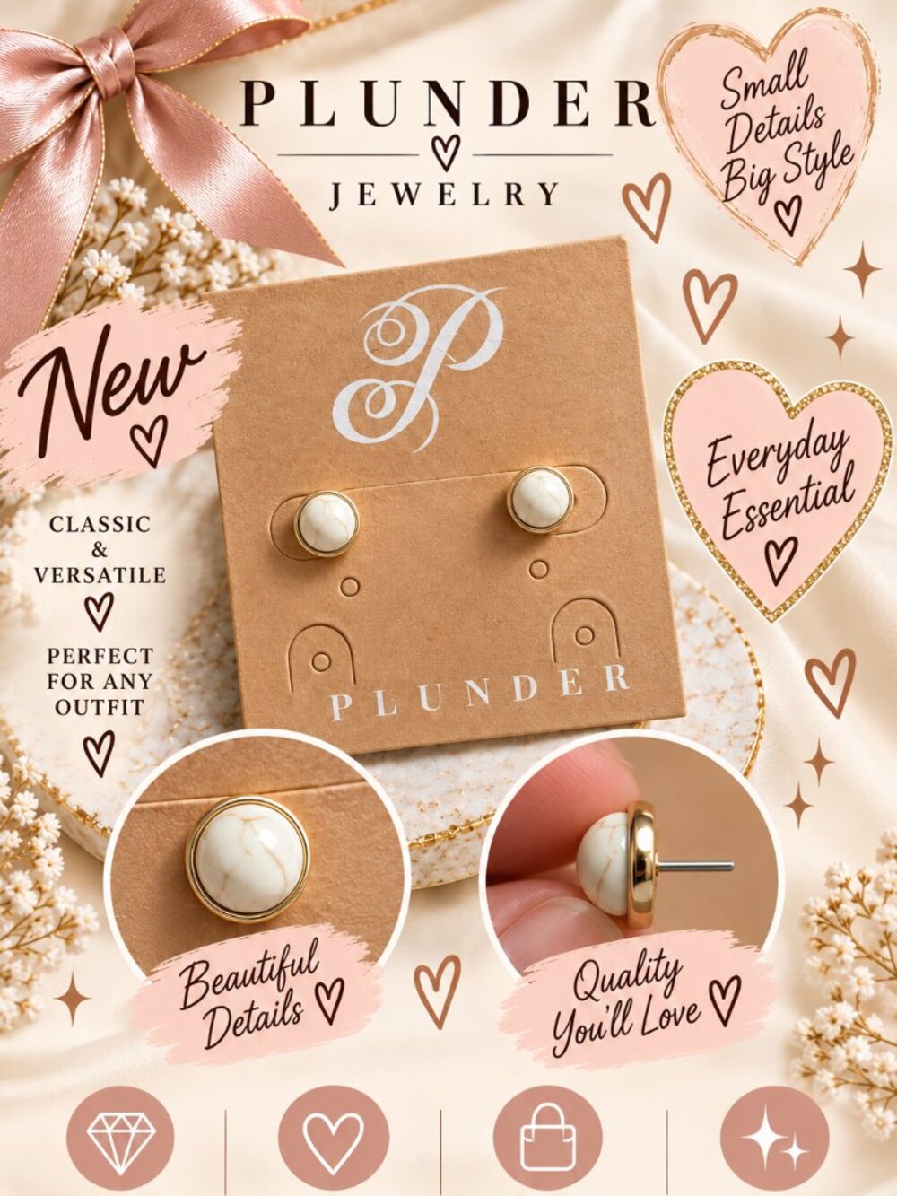Plunder Gold-Trim White Marble Stud Earrings